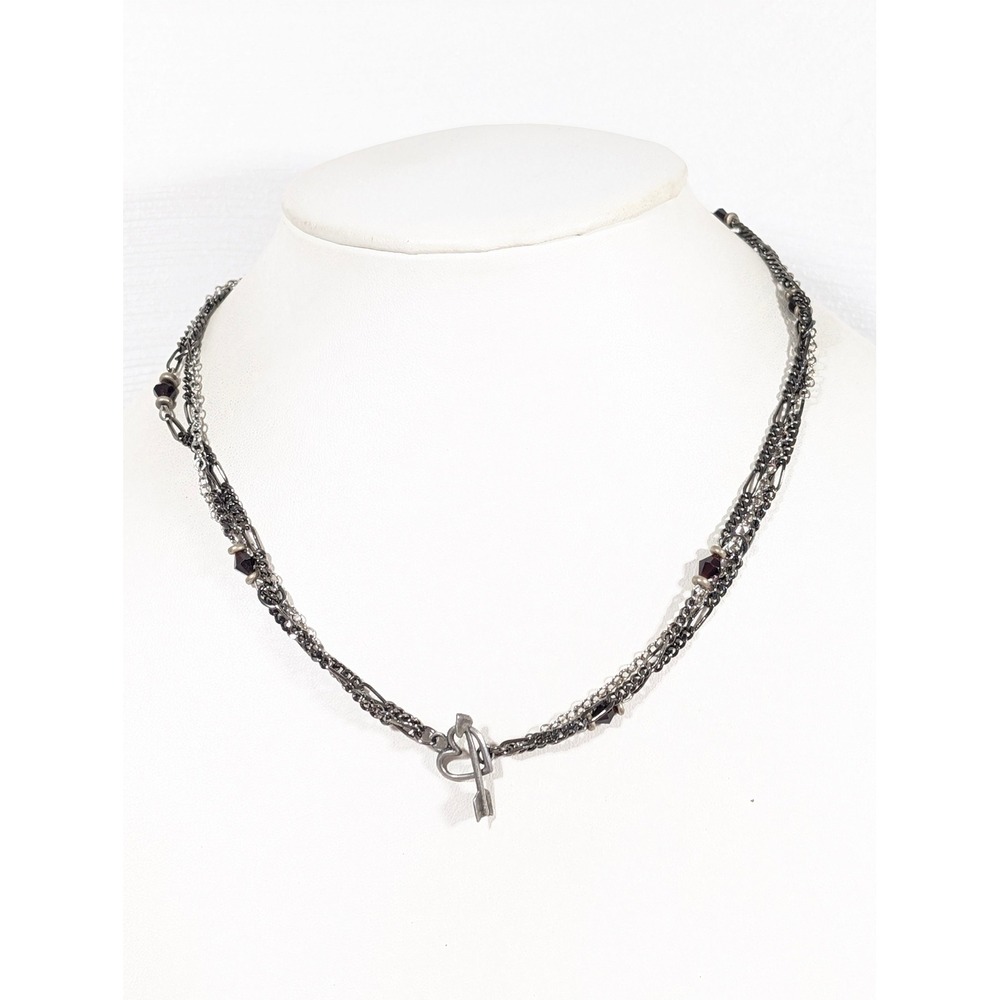 Gray Silver Tone Figaro Multi Strand‎ Necklace Red Glass Beads Heart Toggle 18"